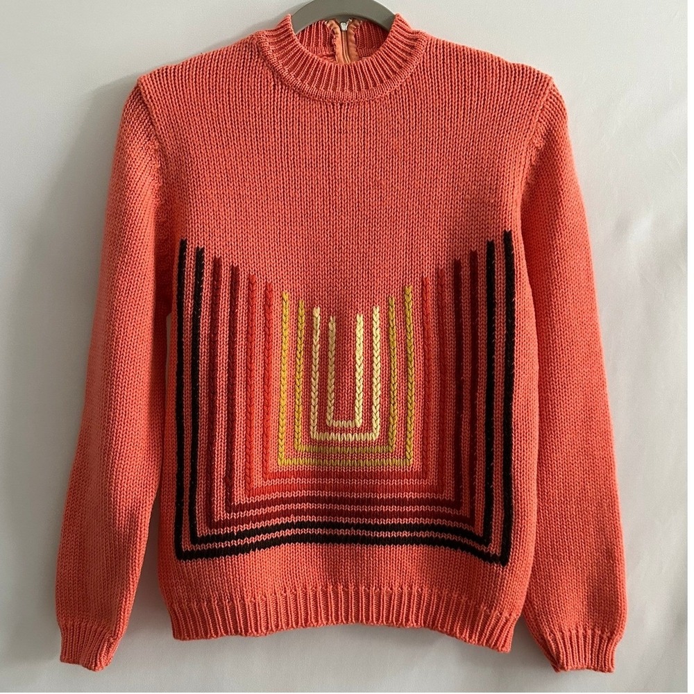Vintage Joyce Sportswear Wool Mock Neck Sweater Sz 38 Coral Geometric Retro Mod